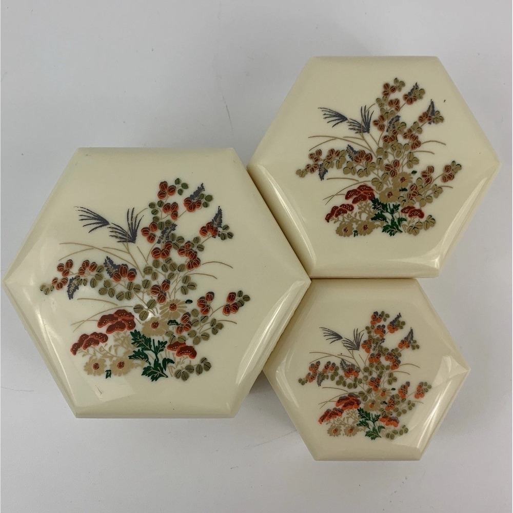 Floral Hexagonal Trinket Nesting Stacking Vanity Boxes Set of 3 Vintage